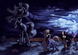 Size: 2120x1500 | Tagged: safe, artist:shivannie, nightmare moon, oc, alicorn, pony, unicorn, clothes, cloud, costume, night, statue