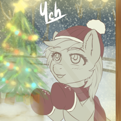 Size: 2400x2400 | Tagged: safe, artist:mintjuice, derpibooru import, pony, admiration, advertisement, christmas, christmas tree, clothes, commission, female, hat, holiday, lamp, mare, mittens, scarf, snow, snowfall, store, tree, window, winter, your character here