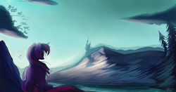 Size: 5760x3024 | Tagged: safe, alternate version, artist:auroriia, twilight sparkle, twilight sparkle (alicorn), alicorn, bird, pony, canterlot, mountain, scenery, sitting, solo, tree