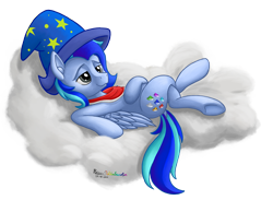 Size: 2000x1463 | Tagged: safe, artist:prismawatercolor, oc, oc only, oc:scratchie, pegasus, pony, bandana, cloud, commission, crossed legs, hat, lying down, male, on back, relaxing, solo, stallion, wings