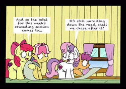 Size: 2455x1738 | Tagged: safe, artist:bobthedalek, apple bloom, kettle corn, scootaloo, sweetie belle, earth pony, pegasus, pony, unicorn, marks and recreation, bill, clubhouse, crusaders clubhouse, female, filly, noodle incident, reality ensues, scroll