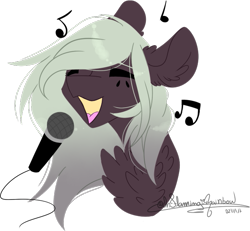 Size: 627x579 | Tagged: safe, artist:ohflaming-rainbow, oc, oc only, oc:reyna cloverfield, pony, bust, chest fluff, female, mare, microphone, music notes, simple background, singing, solo, transparent background