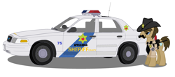 Size: 3800x1688 | Tagged: safe, artist:artistbrony, sheriff silverstar, car, clothes, crown victoria, ford, hat, police car, sheriff, simple background, uniform, white background