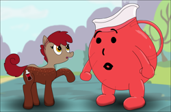 Size: 1226x806 | Tagged: safe, artist:ultrathehedgetoaster, oc, oc:coke pony, food pony, original species, pony, coke, cola cola, crossover, drink, drink pony, female, food, kool-aid, kool-aid man, male, monster mare, ponified, soda, soda pony