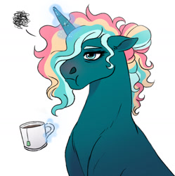 Size: 1024x1028 | Tagged: safe, artist:cascayd, derpibooru import, oc, oc only, oc:cascading river, pony, unicorn, female, levitation, magic, mug, sick, telekinesis