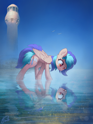 Size: 3000x4000 | Tagged: safe, artist:freeedon, derpibooru import, oc, oc only, oc:coldfire, pegasus, pony, female, lighthouse, mare, reflection, solo, water