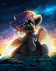 Size: 1984x2515 | Tagged: safe, artist:amishy, derpibooru import, oc, pegasus, pony, cloud, female, freckles, mare, open mouth, signature, sky, smiling, solo, water, ych result