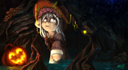 Size: 1836x999 | Tagged: safe, artist:amishy, derpibooru import, oc, oc only, pony, clothes, floral head wreath, flower, halloween, hat, holiday, jack-o-lantern, mushroom, open mouth, pumpkin, roots, signature, solo, tree, tree roots, water, witch hat, ych result