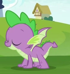 Size: 516x547 | Tagged: safe, derpibooru import, screencap, spike, dragon, father knows beast, cropped, eyes closed, male, quadrupedal spike, solo, tail, winged spike, wings