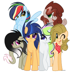 Size: 959x923 | Tagged: safe, artist:marielle5breda, oc, oc only, oc:blue shield, oc:honey, earth pony, hybrid, pegasus, pony, unicorn, female, interspecies offspring, mare, offspring, parent:applejack, parent:caramel, parent:discord, parent:flash sentry, parent:fluttershy, parent:rainbow dash, parent:soarin', parent:twilight sparkle, parents:carajack, parents:discoshy, parents:flashlight, parents:soarindash, rainbow hair, simple background, transparent background