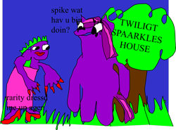 Size: 1588x1178 | Tagged: safe, artist:jacobfoolson, spike, twilight sparkle, dragon, 1000 hours in ms paint, clothes, crossdressing, dress, golden oaks library, high heels, lipstick, shoes