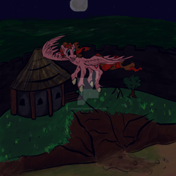 Size: 1280x1280 | Tagged: safe, artist:speedpaintthegod, oc, oc only, oc:ruby shine, pegasus, pony, flying, moon, night, night sky, realistic horse legs, solo, stone wall, tree, watermark