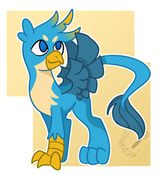 Size: 1300x1400 | Tagged: safe, artist:redpalette, derpibooru import, gallus, griffon, abstract background, claws, cute, gallabetes, male, paws, smiling, solo, spread wings, standing, tail, wings