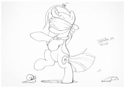 Size: 1073x759 | Tagged: safe, artist:sherwoodwhisper, oc, oc only, oc:eri, mouse, pony, unicorn, bipedal, blindfold, blindfolded, cape, carrot, clothes, female, filly, food, monochrome, snail, solo, traditional art, walking