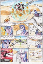 Size: 2321x3408 | Tagged: safe, artist:40kponyguy, derpibooru exclusive, twilight sparkle, alicorn, human, pony, 40kponyguy's the staff of aurelian, comic, crossover, levitation, magic, peril, ruins, shield, shock, telekinesis, this will end in death, traditional art, warhammer (game), warhammer 40k, warhound titan