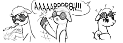 Size: 2000x696 | Tagged: safe, artist:nimaru, oc, oc only, oc:iron strike, pony, comic:like a landslide, goggles, male, monochrome, screaming, solo, stallion, wat