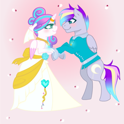 Size: 1301x1300 | Tagged: safe, artist:diamondmlpocean, princess flurry heart, oc, oc:nightlight, pegasus, pony, canon x oc, clothes, dress, male, older, stallion, wedding dress