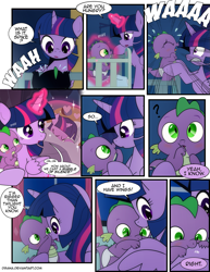 Size: 1275x1650 | Tagged: safe, artist:dsana, spike, twilight sparkle, twilight sparkle (alicorn), alicorn, dragon, pony, comic:a moment in time, baby, baby spike, biting, blushing, comic, crying, cute, diaper, dsana is trying to murder us, female, filly, filly twilight sparkle, holding a dragon, magic, mama twilight, nom, self ponidox, spikabetes, time travel, wing bite, wing noms, younger