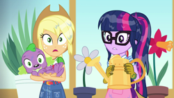 Size: 1280x720 | Tagged: safe, derpibooru import, screencap, applejack, sci-twi, spike, spike the regular dog, twilight sparkle, dog, better together, equestria girls, my little shop of horrors, applejack's hat, clothes, cowboy hat, female, flower, glasses, gloves, hat, male, ponytail, watering can, wet hair, wet spike