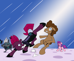 Size: 1500x1250 | Tagged: safe, artist:feralroku, grubber, lily longsocks, tempest shadow, oc, oc:strong runner, my little pony: the movie, armor, broken horn, cheering, fight, flag, floppy ears, gritted teeth, kick