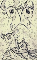 Size: 1417x2272 | Tagged: safe, artist:rossmaniteanzu, pharynx, thorax, changedling, changeling, to change a changeling, brotherhood, brotherly love, brothers, changedling brothers, king thorax, male, prince pharynx, sleeping, smiling, traditional art