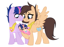 Size: 1127x832 | Tagged: safe, artist:velveagicsentryyt, oc, oc only, oc:miracle sparkle, oc:night shine, oc:royal heart, pegasus, pony, unicorn, baby, baby pony, female, male, mare, offspring, offspring's offspring, parent:flash sentry, parent:twilight sparkle, parents:flashlight, simple background, stallion, transparent background