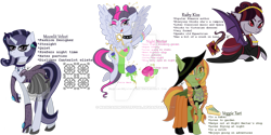 Size: 1024x512 | Tagged: safe, artist:magicandmysterygal, oc, oc only, oc:moonlit velvet, oc:night nectar, oc:ruby kiss, oc:veggie tart, bat pony, pegasus, pony, unicorn, adopted offspring, apron, boots, choker, clothes, dress, ear piercing, earring, eyeshadow, female, freckles, goth, hat, implied canon x oc, implied lesbian, implied princess luna, jewelry, magical lesbian spawn, makeup, mare, necklace, next generation, offspring, one eye closed, parent:inky rose, parent:moonlight raven, parents:inkyraven, piercing, prone, shoes, skirt, socks, spiked choker, watermark, wink, witch, wristband