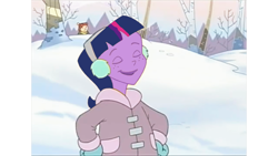 Size: 1366x768 | Tagged: safe, edit, twilight sparkle, human, clothes, earmuffs, eyes closed, freckles, humanized, jacket, mittens, smiling, snow, tara strong, the legend of frosty the snowman, voice actor joke