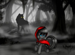 Size: 1024x751 | Tagged: safe, artist:zetamad, derpibooru import, wolf, blue eyes, female, golden eyes, mare, red riding hood, solo, tree, wood