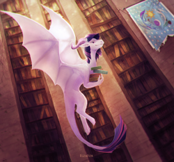 Size: 2900x2705 | Tagged: safe, artist:elzafox, derpibooru import, twilight sparkle, dragon, pony, book, chromatic aberration, cover art, dragoness, dragonified, equestrian flag, fanfic, fanfic art, fanfic cover, female, flying, library, solo, species swap, twilidragon