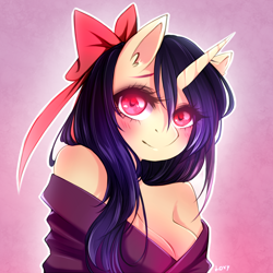 Size: 1000x1000 | Tagged: safe, artist:loxy, derpibooru import, oc, oc only, anthro, unicorn, anthro oc, bare shoulders, blushing, bow, breasts, cleavage, clothes, female, hair bow, looking at you, mare, smiling, solo, ych result