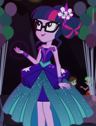 Size: 660x865 | Tagged: safe, screencap, sci-twi, twilight sparkle, equestria girls, legend of everfree, cropped, crystal gala, crystal gala dress, cute, flower, flower in hair, glowing hands, solo, twiabetes