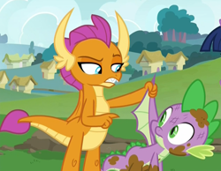 Size: 1266x982 | Tagged: safe, derpibooru import, screencap, smolder, spike, dragon, father knows beast, cropped, dirty, dragoness, duo, female, male, ponyville, tail, winged spike, wings