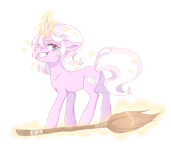 Size: 1500x1350 | Tagged: safe, artist:chopa, derpibooru import, oc, oc only, oc:marshmallow fluff, pony, unicorn, broom, flying, flying broomstick, magic, solo