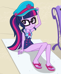 Size: 739x897 | Tagged: safe, derpibooru import, screencap, sci-twi, twilight sparkle, better together, equestria girls, forgotten friendship, beach babe, beach towel, captain hat, clothes, cropped, feet, female, flip-flops, geode of telekinesis, hat, jewelry, magical geodes, necklace, sandals, schrödinger's pantsu, sexy, solo, swimsuit