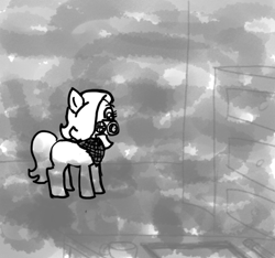 Size: 640x600 | Tagged: safe, artist:ficficponyfic, oc, oc only, oc:emerald jewel, amulet, bandana, blank flank, child, colt, colt quest, cyoa, desk, foal, gas, hair over one eye, ledger, male, monochrome, smoke, solo, story included