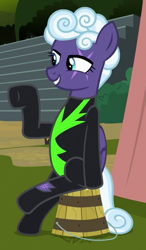 Size: 362x621 | Tagged: safe, derpibooru import, screencap, rolling thunder, pegasus, pony, the washouts (episode), bucket, clothes, cropped, eye scar, female, mare, scar, sitting, solo, tattoo, uniform, washouts uniform