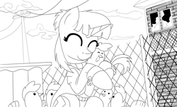 Size: 2800x1700 | Tagged: safe, artist:elmutanto, oc, oc only, oc:sparkplug, bird, chicken, pony, rooster, unicorn, fallout equestria, abduction, black and white, chicken pen, cloud, derp, electric pole, fallout 4, grayscale, hen, hostage, inspired, lineart, monochrome, oberland station, pen, sketch