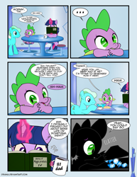 Size: 1275x1650 | Tagged: safe, artist:dsana, rook ramparts, spike, twilight sparkle, crystal pony, dragon, pony, comic:the shadow shard, book, cinnamon bun, comic, food, gem, magic, mug