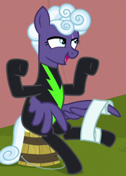 Size: 466x650 | Tagged: safe, derpibooru import, screencap, rolling thunder, pegasus, pony, the washouts (episode), air quotes, bandage, bucket, clothes, cropped, female, mare, sitting, solo, tattoo, uniform, washouts uniform, wing hands