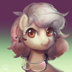 Size: 3700x3700 | Tagged: safe, artist:effervesket, derpibooru import, oc, oc only, oc:osha, earth pony, pony, digital art, ear piercing, earring, female, goggles, gradient background, high res, jewelry, looking at you, mare, piercing, signature, smiling, solo, ych result