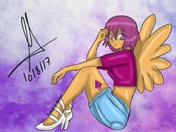 Size: 720x540 | Tagged: safe, artist:lacie-buncat, scootaloo, human, alternate cutie mark, alternative cutie mark placement, clothes, cute, cutealoo, denim skirt, female, high heels, humanized, midriff, moe, pony coloring, shoes, short shirt, sitting, skirt, skirtaloo, solo, winged humanization, wings