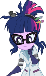 Size: 3000x4923 | Tagged: safe, artist:aqua-pony, sci-twi, twilight sparkle, eqg summertime shorts, equestria girls, mad twience, clothes, cute, glasses, gloves, lab coat, simple background, smiling, solo, transparent background, twiabetes, vector