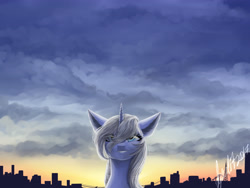 Size: 4000x3000 | Tagged: safe, artist:aqualit, edit, oc, oc only, oc:moonbow, unicorn, cloud, cloudy, female, sky, skyline, solo, sunset