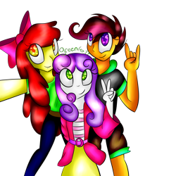 Size: 5599x5599 | Tagged: safe, artist:greenfox27, apple bloom, scootaloo, sweetie belle, equestria girls, cutie mark crusaders