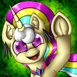 Size: 2000x2000 | Tagged: safe, artist:calena, oc, oc only, oc:trinity deblanc, pony, unicorn, abstract background, armpits, avatar, biologically justified underarm fluff, colored pupils, ear fluff, ear piercing, earring, frog (hoof), hoofbump, jewelry, multicolored hair, open mouth, piercing, solo, underhoof