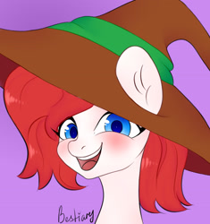 Size: 2416x2572 | Tagged: safe, artist:bestiary, derpibooru import, oc, oc only, oc:holly jolly, bust, hat, purple background, signature, simple background, solo, witch hat