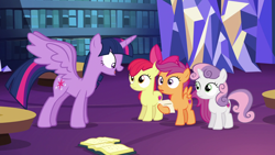 Size: 1920x1080 | Tagged: safe, screencap, apple bloom, scootaloo, sweetie belle, twilight sparkle, twilight sparkle (alicorn), alicorn, pony, the fault in our cutie marks, cutie mark crusaders, excited, library, twilight's castle library