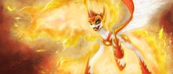 Size: 1280x552 | Tagged: safe, artist:roda11, derpibooru import, daybreaker, a royal problem, mane of fire, signature, solo, spread wings, wings