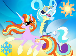 Size: 960x716 | Tagged: safe, artist:owocrystalcatowo, oc, oc only, oc:sky snow, oc:sunlight, changepony, pony, unicorn, abstract background, blaze (coat marking), clothes, female, gradient background, male, mare, next generation, offspring, parent:oc:crystal heart, parent:starlight glimmer, parent:sunburst, parent:thorax, parents:canon x oc, parents:starburst, socks (coat marking), uniform, wonderbolt trainee uniform